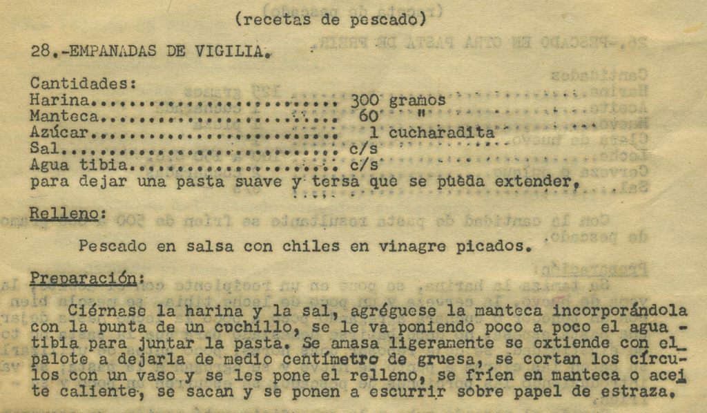 Empanadas de vigilia. Documento mecanoescrito Centro de Documentación Fototeca Lorenzo Becerril A.C.