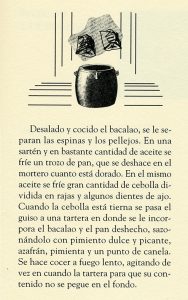 Receta, libro “36 maneras de guisar el bacalao”, Manuel María Puga y Parga. Biblioteca de la Fototeca Lorenzo Becerril A.C.
