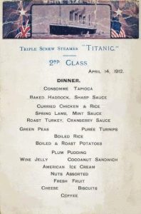 Menú del comedor de 2da. clase del RMS Titanic. Imagen de la WEB.