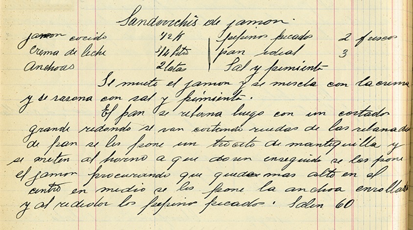 Sandwchis de jamón, Recetario manuscrito de Amparo Gómez, 1929. Centro de documentación Fototeca Lorenzo Becerril A.C.
