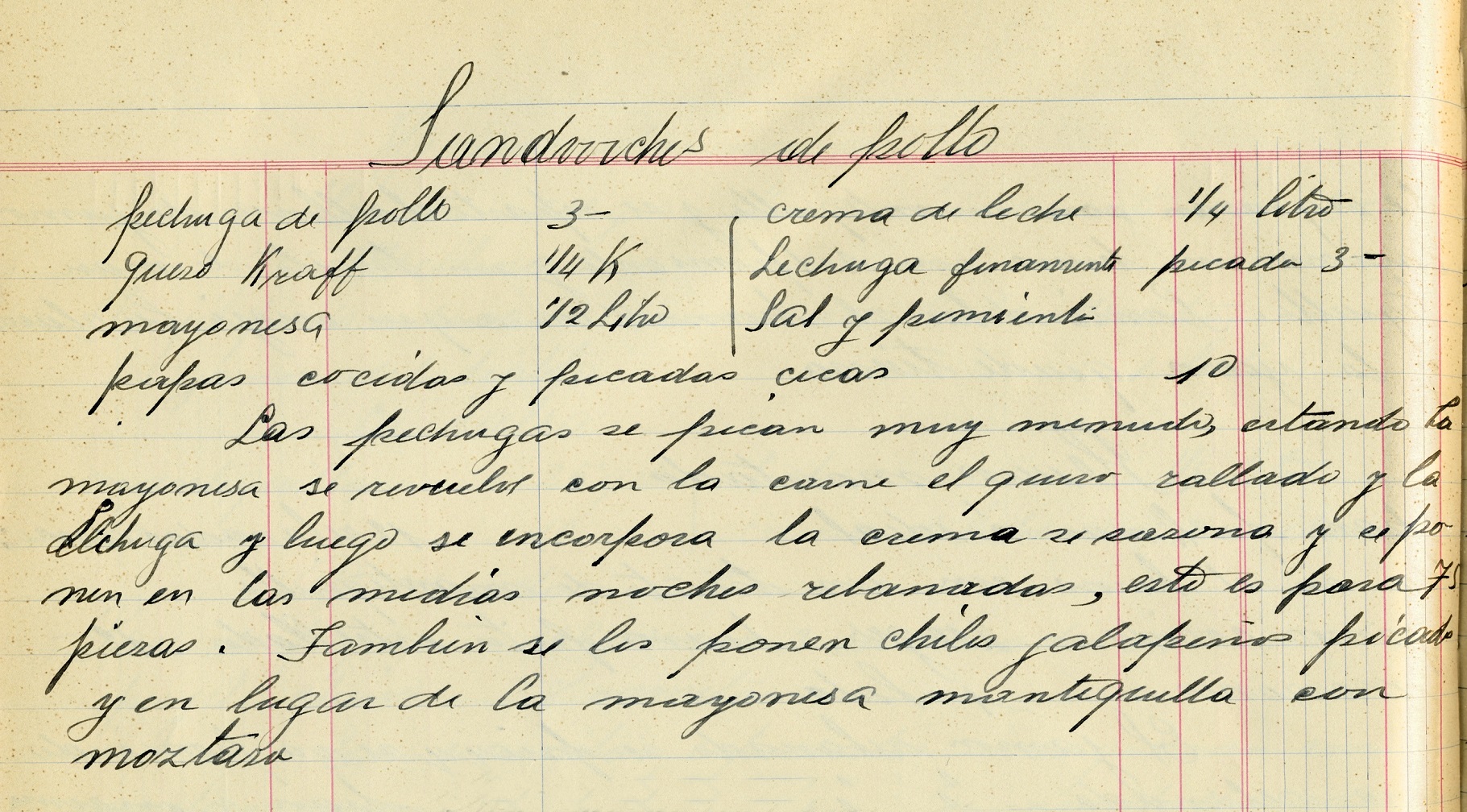 “Sandwchis de pollo”, Recetario manuscrito de Amparo Gómez, 1929. Centro de documentación Fototeca Lorenzo Becerril A.C.